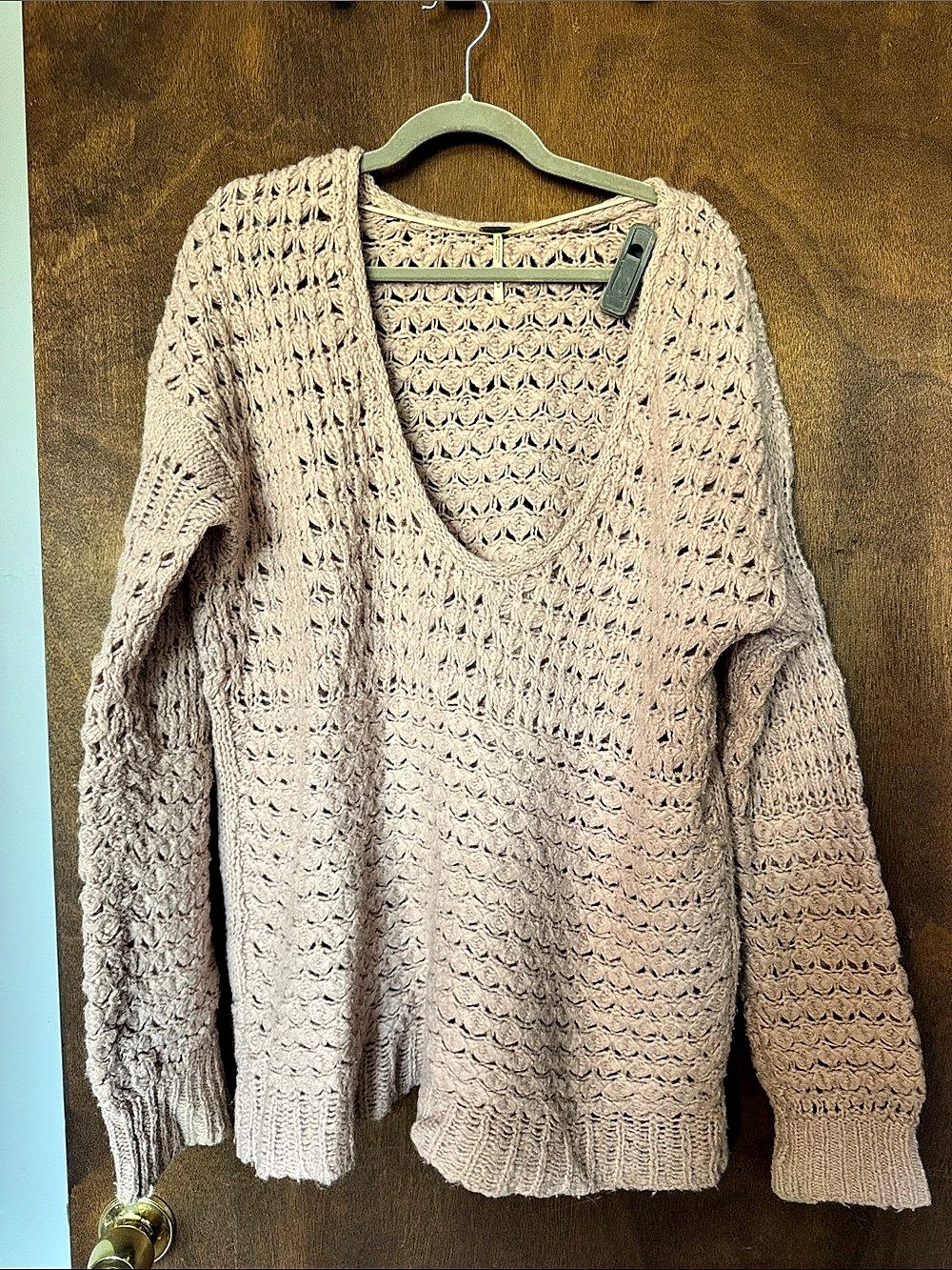 Free People Open Knit V-Neck Sweater Pink Mauve Medium